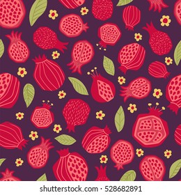 vector illustration of juicy pomegranates with leaves and flowers