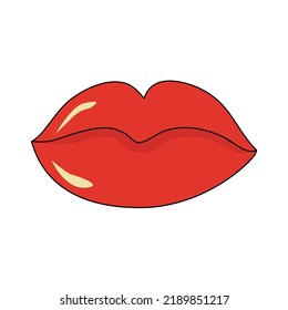 Vector illustration. Juicy red lips with black outline. Isolated object on white background. Lips, kiss, glare, makeup, beauty, girl.