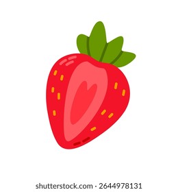 Vector illustration of a juicy red strawberry with seeds and green leaves. Perfect for food packaging, summer labels, organic product branding, and healthy nutrition design