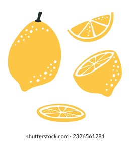Vector illustration. Juicy set with lemons. Whole lemon, sliced, in slices. Fruit on white background 