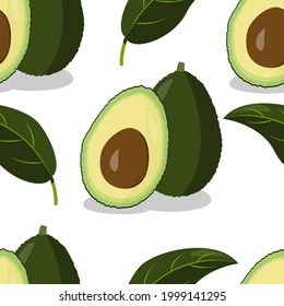 Vector illustration. Juicy summer background from hand-drawn avocados. Seamless pattern. Avocado full face, close-up, whole and cut, halves, slices, leaves.