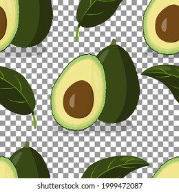 Vector illustration. Juicy summer background from hand drawn avocados on a transparent background. Seamless patterns. Avocado full face, close-up, whole and cut, halves, slices, leaves.