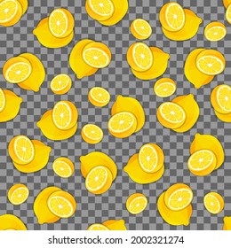 Vector illustration. Juicy summer background from hand drawn lemons on a checkered background. Seamless patterns. Lemon full face, close-up, whole and in section, halves, slices.