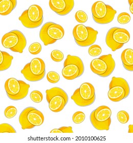 Vector illustration. Juicy summer background from hand-drawn lemons on a white backdrop. Seamless pattern. Lemon full face, close-up, whole and cut, halves, slices.