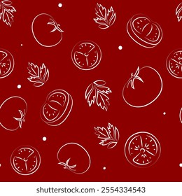 Vector illustration. Juicy summer background. Seamless pattern of halves, slices and leaves of tomatoes. Sketch style. Hand drawn kitchen ingredients in a seamless pattern for culinary themes.