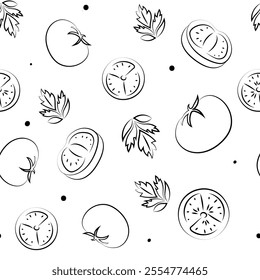 Vector illustration. Juicy summer background. Seamless pattern of halves, slices and leaves of tomatoes. Sketch style. Hand drawn kitchen ingredients in a seamless pattern for culinary themes.