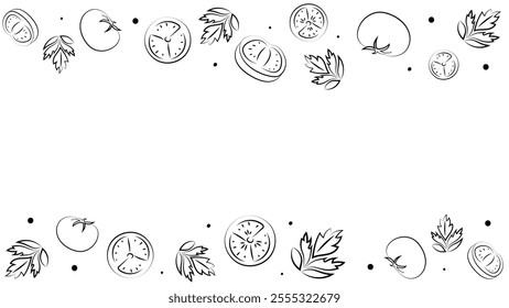 Vector illustration. Juicy summer background with copy space for text. Pattern of halves, slices and leaves of tomatoes. Sketch style. Hand drawn kitchen ingredients pattern for culinary themes.