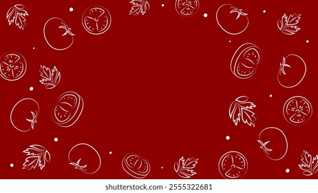 Vector illustration. Juicy summer background with copy space for text. Pattern of halves, slices and leaves of tomatoes. Sketch style. Hand drawn kitchen ingredients pattern for culinary themes.