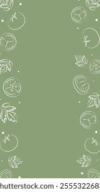 Vector illustration. Juicy summer background with copy space for text. Pattern of halves, slices and leaves of tomatoes. Sketch style. Hand drawn kitchen ingredients pattern for culinary themes.