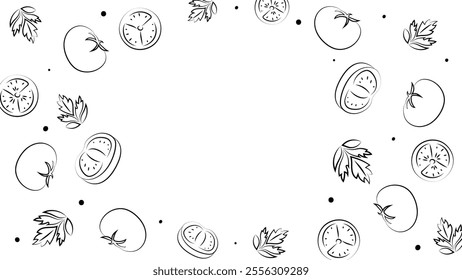 Vector illustration. Juicy summer background with copy space for text. Pattern of halves, slices and leaves of tomatoes. Sketch style. Hand drawn kitchen ingredients pattern for culinary themes.