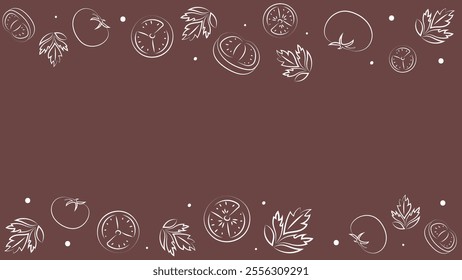 Vector illustration. Juicy summer background with copy space for text. Pattern of halves, slices and leaves of tomatoes. Sketch style. Hand drawn kitchen ingredients pattern for culinary themes.