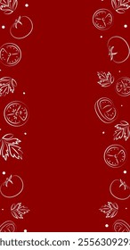 Vector illustration. Juicy summer background with copy space for text. Pattern of halves, slices and leaves of tomatoes. Sketch style. Hand drawn kitchen ingredients pattern for culinary themes.