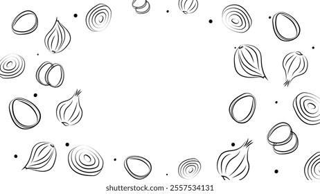 Vector illustration. Juicy summer background with space for text. Pattern of halves, slices and rings of onion. Sketch style. Hand drawn kitchen ingredients template for culinary themes.