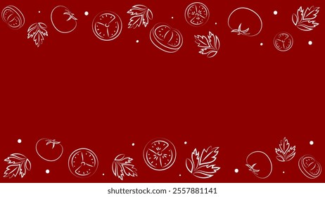 Vector illustration. Juicy summer background with copy space for text. Pattern of halves, slices and leaves of tomatoes. Sketch style. Hand drawn kitchen ingredients pattern for culinary themes.