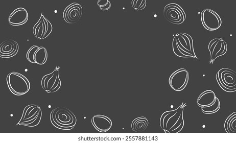 Vector illustration. Juicy summer background with space for text. Pattern of halves, slices and rings of onion. Sketch style. Hand drawn kitchen ingredients template for culinary themes.