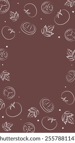 Vector illustration. Juicy summer background with copy space for text. Pattern of halves, slices and leaves of tomatoes. Sketch style. Hand drawn kitchen ingredients pattern for culinary themes.