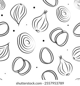 Vector illustration. Juicy summer background. Seamless pattern of halves, slices and rings of onion. Sketch style. Hand drawn kitchen ingredients in a seamless pattern for culinary themes.