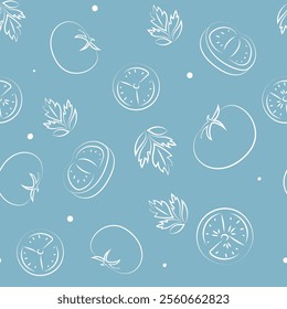 Vector illustration. Juicy summer background. Seamless pattern of halves, slices and leaves of tomatoes. Sketch style. Hand drawn kitchen ingredients in a seamless pattern for culinary themes.