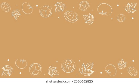 Vector illustration. Juicy summer background with copy space for text. Pattern of halves, slices and leaves of tomatoes. Sketch style. Hand drawn kitchen ingredients pattern for culinary themes.