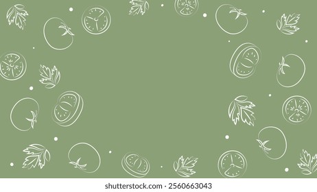 Vector illustration. Juicy summer background with copy space for text. Pattern of halves, slices and leaves of tomatoes. Sketch style. Hand drawn kitchen ingredients pattern for culinary themes.