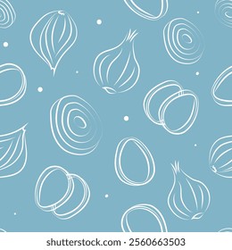 Vector illustration. Juicy summer background. Seamless pattern of halves, slices and rings of onion. Sketch style. Hand drawn kitchen ingredients in a seamless pattern for culinary themes.