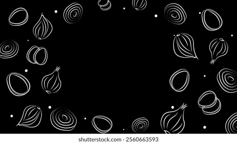 Vector illustration. Juicy summer background with space for text. Pattern of halves, slices and rings of onion. Sketch style. Hand drawn kitchen ingredients template for culinary themes.