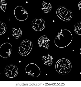 Vector illustration. Juicy summer background. Seamless pattern of halves, slices and leaves of tomatoes. Sketch style. Hand drawn kitchen ingredients in a seamless pattern for culinary themes.