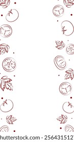 Vector illustration. Juicy summer background with copy space for text. Pattern of halves, slices and leaves of tomatoes. Sketch style. Hand drawn kitchen ingredients pattern for culinary themes.