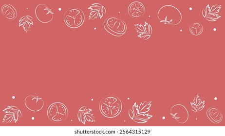 Vector illustration. Juicy summer background with copy space for text. Pattern of halves, slices and leaves of tomatoes. Sketch style. Hand drawn kitchen ingredients pattern for culinary themes.