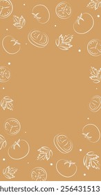 Vector illustration. Juicy summer background with copy space for text. Pattern of halves, slices and leaves of tomatoes. Sketch style. Hand drawn kitchen ingredients pattern for culinary themes.