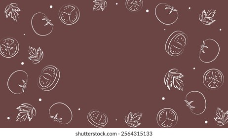 Vector illustration. Juicy summer background with copy space for text. Pattern of halves, slices and leaves of tomatoes. Sketch style. Hand drawn kitchen ingredients pattern for culinary themes.