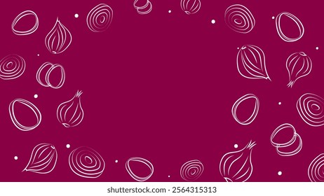 Vector illustration. Juicy summer background with space for text. Pattern of halves, slices and rings of onion. Sketch style. Hand drawn kitchen ingredients template for culinary themes.
