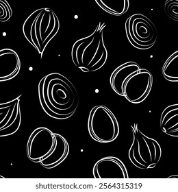 Vector illustration. Juicy summer background. Seamless pattern of halves, slices and rings of onion. Sketch style. Hand drawn kitchen ingredients in a seamless pattern for culinary themes.