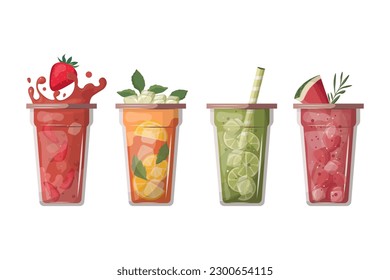 Vector illustration. Juicy summer cocktails set. Strawberry cocktail, mojito, watermelon cocktail. Fruit juices. Cocktail party, cafe menu. Set of vector elements, isolated vector. Summer time