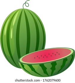 Vector illustration of a juicy and sweet watermelon, with a half-sliced watermelon with ripe pink pulp. Fresh summer illustration for postcards, patterns, flyers, packaging, advertising, menus, etc.