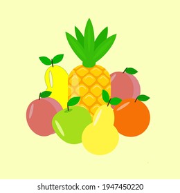 ilustración vectorial de frutos jugosos y sabrosos: piña, melocotones, peras, manzanas, naranja sobre fondo amarillo