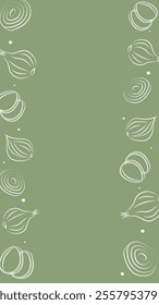 Vector illustration. Juicy vegetable background with copy space for text. Pattern of halves, slices and rings of onion. Sketch style. Hand drawn kitchen ingredients template for culinary themes.