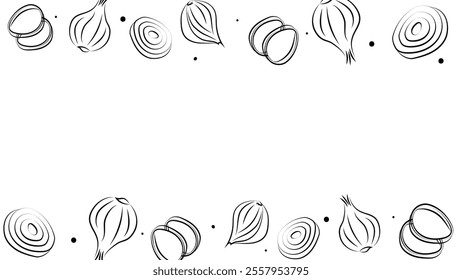 Vector illustration. Juicy vegetable background with copy space for text. Pattern of halves, slices and rings of onion. Sketch style. Hand drawn kitchen ingredients template for culinary themes.