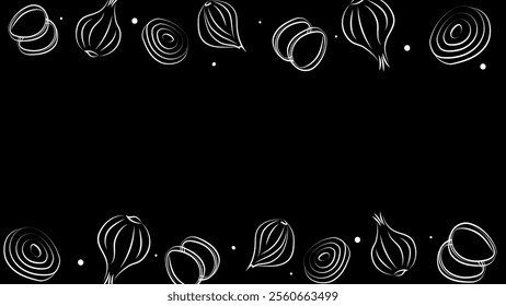 Vector illustration. Juicy vegetable background with copy space for text. Pattern of halves, slices and rings of onion. Sketch style. Hand drawn kitchen ingredients template for culinary themes.