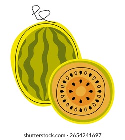 Vector illustration of a juicy watermelon slice with seeds in a simple flat style. Ideal for summer-themed designs, food packaging, healthy lifestyle promotions, and fruit-related content.