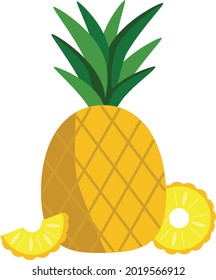 Vector illustration of juicy yellow pineapple with leaves and slices, isolated on white background. Healthy lifestyle design element.