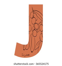 Vector illustration of jujube inside of letter J. Limited colors graphic. Hand drawing.