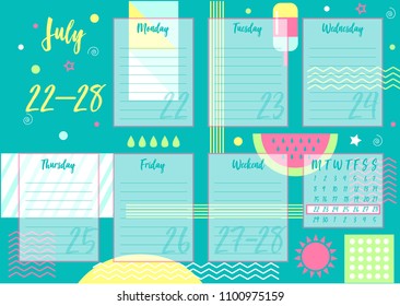 Vector illustration of July 2019 Weekly planner with abstract summer background. For print notebooks, format A5. Cute page for notes. Daily planner 2019 calendar for companies and private use.