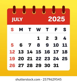 Vector Illustration of July 2025. Calendar July 2025 Monthly Planner. 2025 July Calendar and Planner 