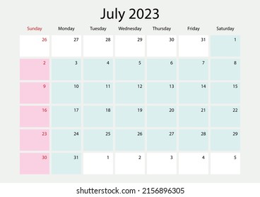 Vector illustration july of calendar year 2023. Sunday starts on Sunday. 2023 yearly calendar template. Calendar design in black and white, Sunday in red. vector