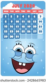 Vector illustration july Cartoon theme Calendar 2024 Editable Template