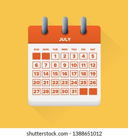 Vector illustration. July month for 2019 Calendar