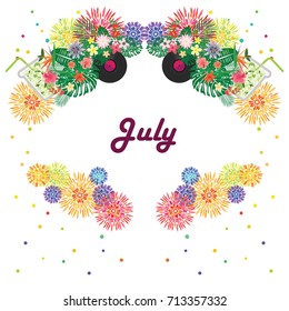 vector illustration for july month calendar page with symmetrical stylish seasonal symbols