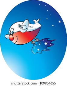 vector illustration of a jumbo airplane flying at night with a cut out of starry sky