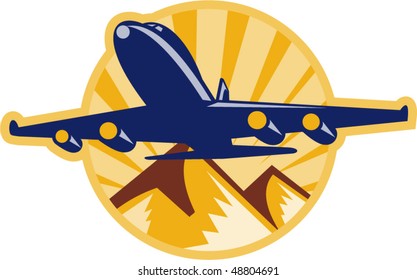 Vector Illustration Of A Jumbo Jet Plane Airplane Flying With Mountains